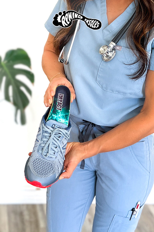 ALL DAY COMFORT INSOLES FOR DEDICATED NURSES - A nurse putting Remind Insoles in her work shoes